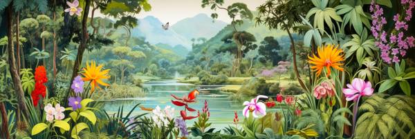 Tropische Blumen und Pflanzen umgeben einen ruhig fließenden Fluss, während majestätische Berge am H od Miro May