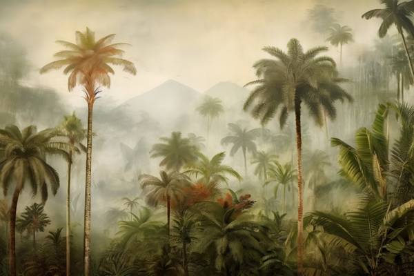 Tropische Landschaft mit Palmen und Bergen. Nebel im Regenwald. Grüne Landschaft am morgen. Natur od Miro May