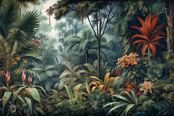 Tropischer Regenwald mit bunten Pflanzen und grünen Bäumen, Natur im Jungle od Miro May