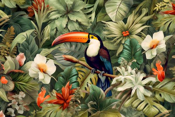 Tukan im Regenwald, Tropischer Regenwald, Tropische Pflanzen, exotische Blumen od Miro May