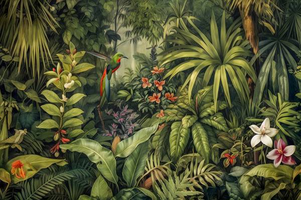 Vogel im Regenwald, Tropischer Regenwald, Traumhafte Natur, Jungle, Pflanzen und Bäume, Landschaft od Miro May