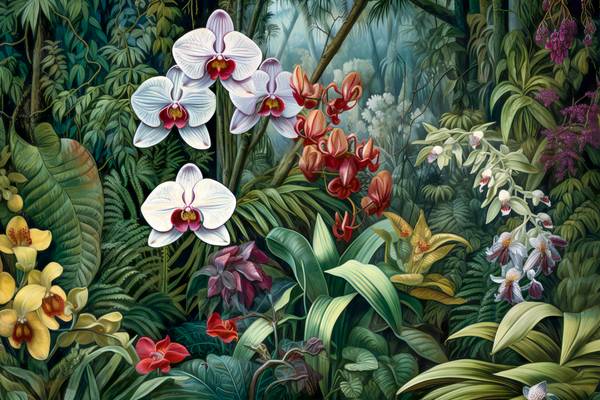 Weisse Orchideen im tropischen Regenwald. Landschaft mit Blumen, Natur, Floral od Miro May