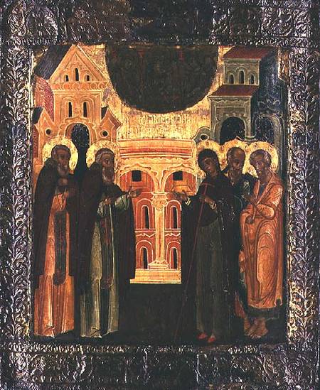 Russian icon of the Miraculous Appearance of the Virgin and the Apostles Peter and Paul to Sergius o od Moscow school
