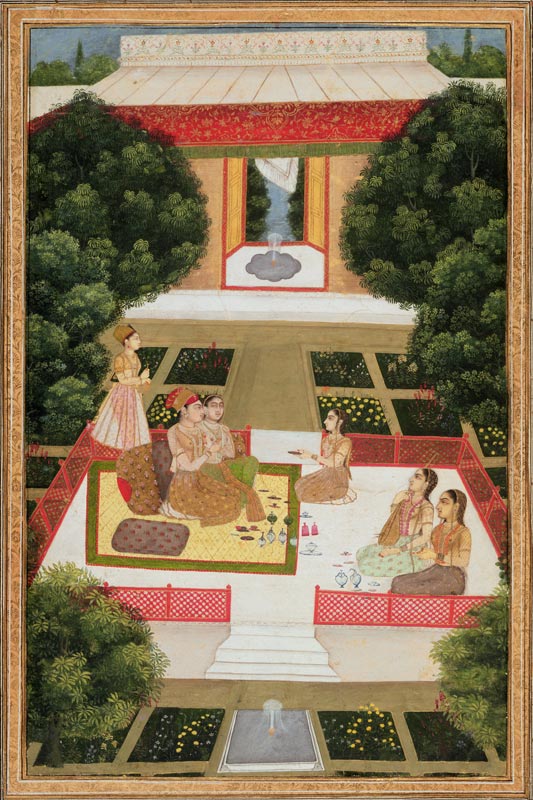 A couple in a garden listening to music with female attendants, from the Small Clive Album od Mughal School