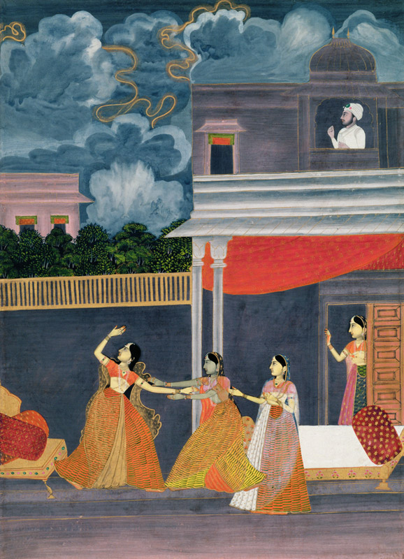 A lady brought in from a storm at night: illustration from the musical mode Madhu Madhavi od Mughal School
