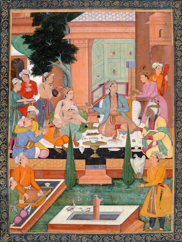 A prince and companions take refreshments and listen to music, from the Small Clive Album od Mughal School
