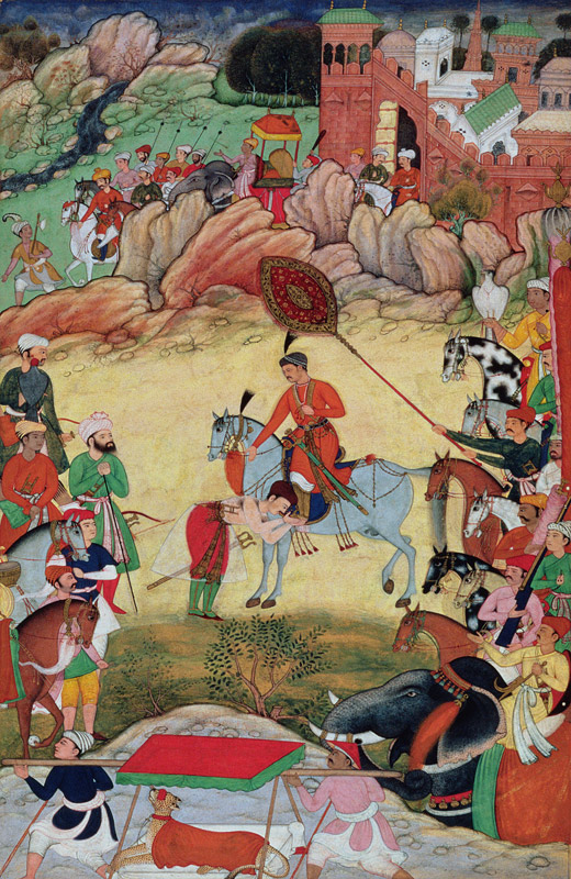 Adham Khan paying homage to Akbar at Sarangpur, Central India, in 1560 or 1561, from the 'Akbarnama' od Mughal School
