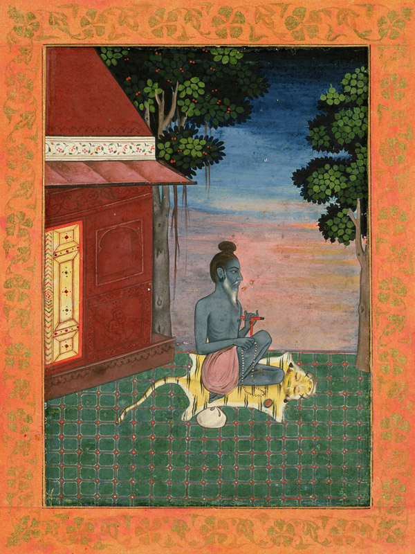 Aged ascetic seated on a tiger skin outside a building, from the Large Clive Album od Mughal School