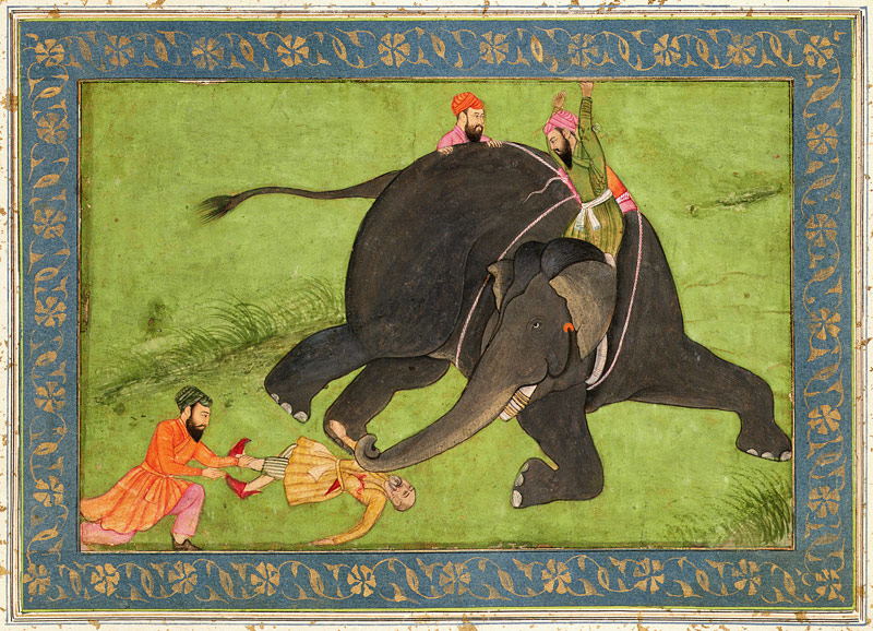 Attendants rescue a fallen man from an enraged elephant, from the Large Clive Album od Mughal School