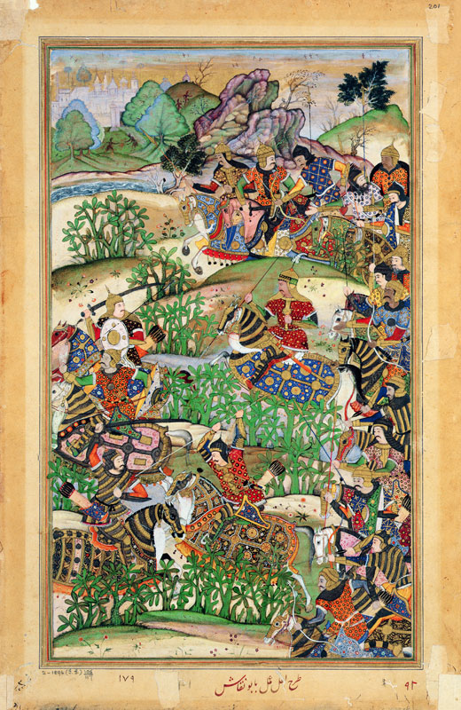 Emperor Akbar (r.1556-1605) at the battle of Samal in 1572, from the 'Akbarnama' made by Abu'l Fazi od Mughal School