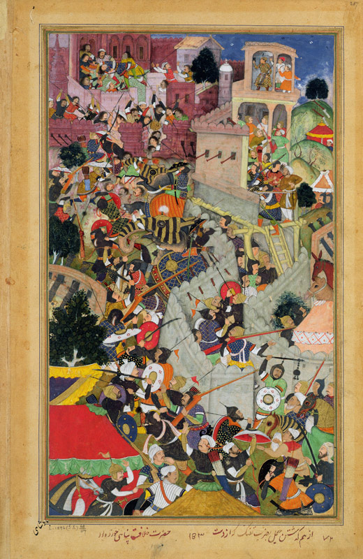 Emperor Akbar (r.1556-1605) shoots Saimal at the Siege of Chitov in 1567, from the 'Akbarnama' made od Mughal School