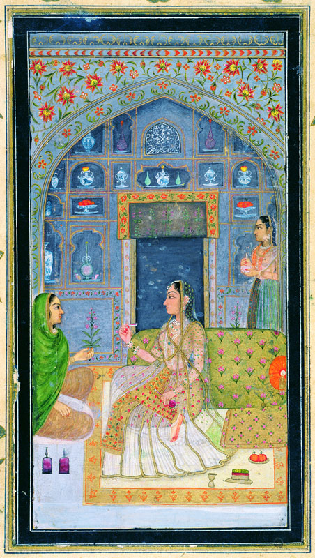 Lady seated in a Pavilion with attendants, from the Small Clive Album od Mughal School
