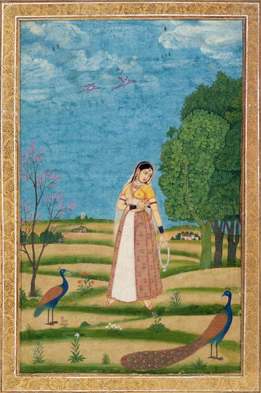 Lady with peacocks, from the Small Clive Album od Mughal School