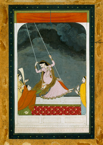 A lady on a swing, Kangra Punjab hills od Mughal School