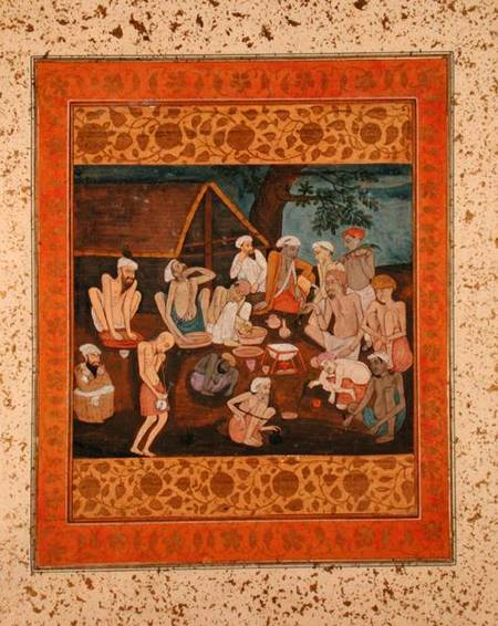 Assembly of fakirs preparing bhang and ganja, from the Large Clive Album od Mughal School