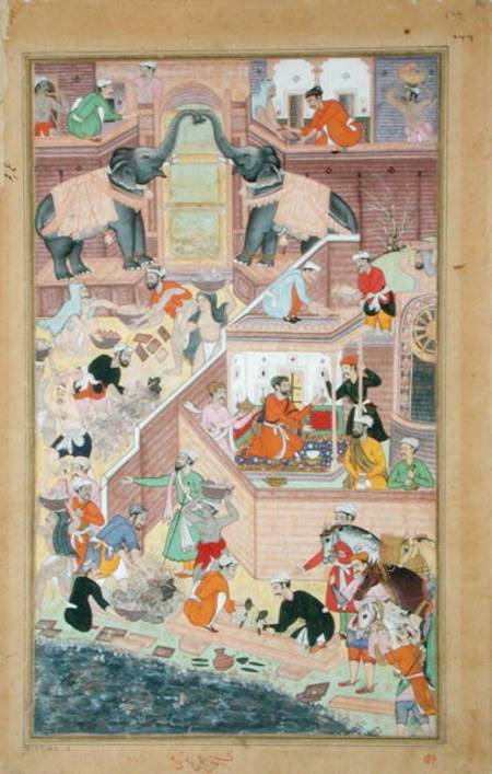 Emperor Akbar (r.1556-1605) inspecting the building work at Fatepur Sikri, from the 'Akbarnama' made od Mughal School