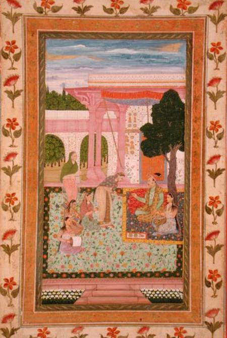 Emperor Jahangir (1569-1627) with his consort and attendants in a garden, from the Small Clive Album od Mughal School
