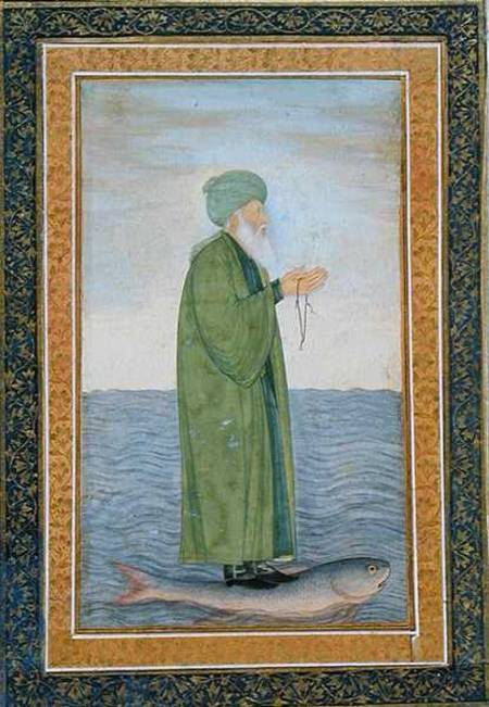 Khawa Khizir Khan riding on a fish, from the Small Clive Album od Mughal School