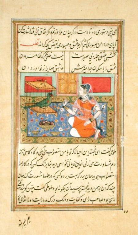 Kjujista, the Merchant's Wife, talking to a Parrot, Calligraphy & illustration from the 'Tuti'nama', od Mughal School