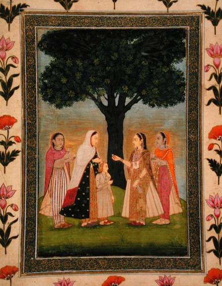 Four Ladies meet by a Tree, from the Small Clive Album od Mughal School