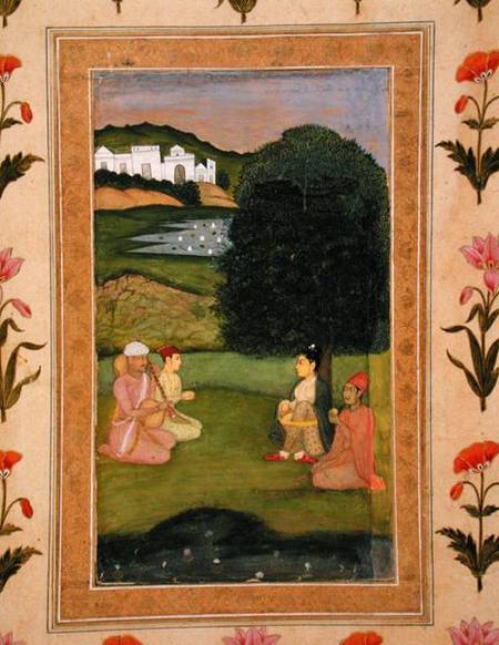 Lady and attendant listening to music at sunset, from the Small Clive Album od Mughal School