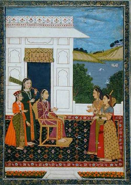 A lady with attendants on a terrace, from the Small Clive Album od Mughal School