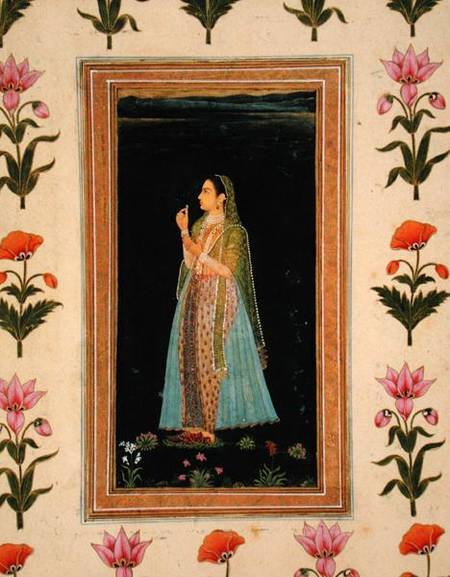 Lady holding a blossom, from the Small Clive Album od Mughal School