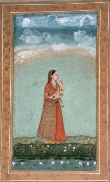 Lady holding a bowl of rose flowers, from the Small Clive Album od Mughal School