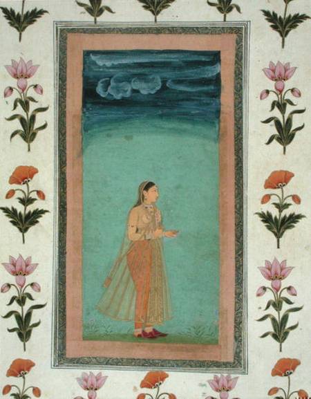 Lady holding a flower, from the Small Clive Album od Mughal School
