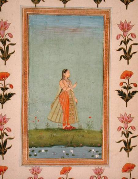 Lady holding a flower, standing by a lily pond, from the Small Clive Album od Mughal School