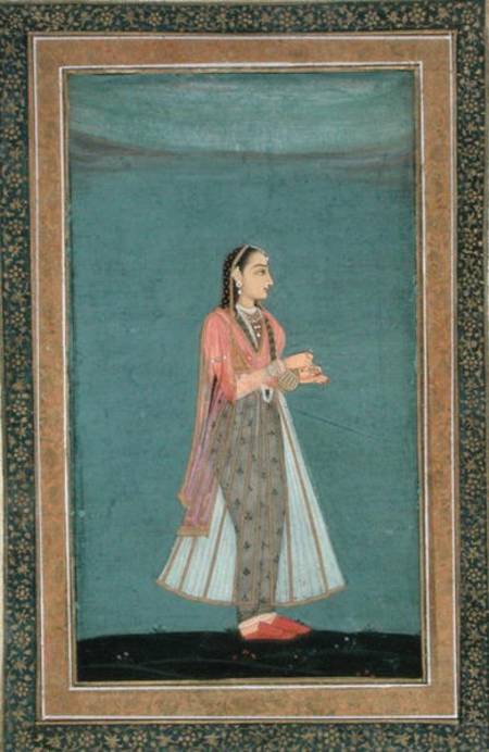 Lady holding a wine flask and cup, from the Large Clive Album  on od Mughal School