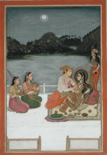 Lovers on a terrace by a moonlit lake, from the Small Clive Album od Mughal School