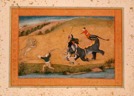 Three men lion hunting, from the Large Clive Album od Mughal School