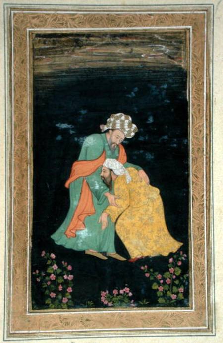 A Mullah bowing down to a man in Iranian dress who lifts him up from his supplication, from the Smal od Mughal School