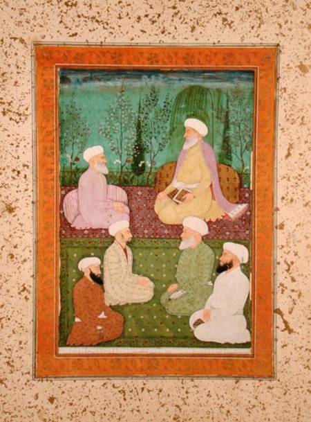 Six Muslim holy men seated on a garden terrace, from the Large Clive Album od Mughal School