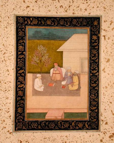 Four Muslim holy men seated in meditation outside a hut, from the Large Clive Album od Mughal School