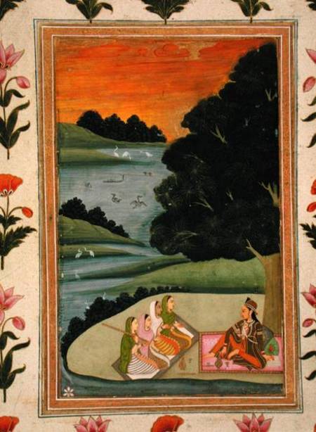 A Princess listening to female musicians by a river at sunset, from the Small Clive Album od Mughal School