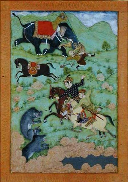 Rajput princes hunting bears; a mahout and his elephant rescue a fallen horseman from a tiger, from od Mughal School