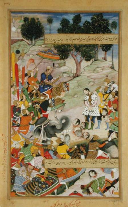 The rebel Bahadur Khan (d.1601) as a prisoner in the presence of Akbar (r.1556-1605) in 1567, from t od Mughal School