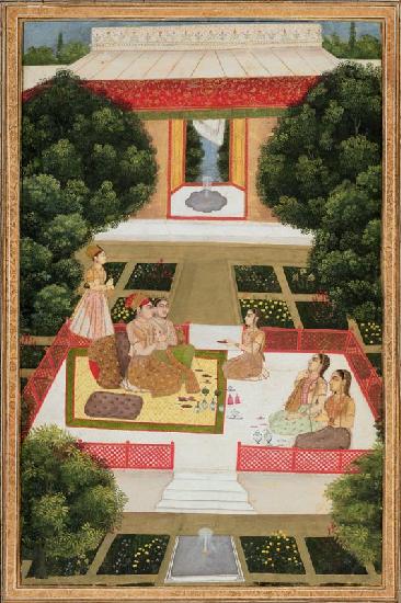 A couple in a garden listening to music with female attendants, from the Small Clive Album