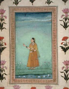 Lady holding fruit, standing by a lily pond, from the Small Clive Album