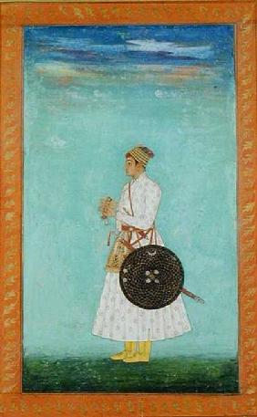 A young nobleman of the Mughal court holding a sealed brocade envelope,  from the Large Clive Album