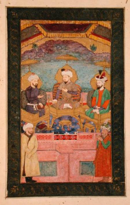 Timur (1336-1405), Babur (1483-1530, r.1526-30) and Humayan (1508-56, r.1530-56) enthroned together, od Mughal School