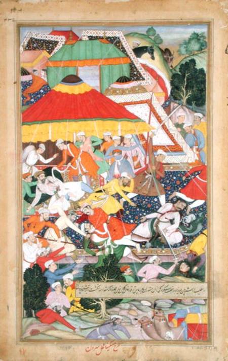 The Wounding of Kilan Khan by a Rajiput during his march to Gujerat in 1573, from the 'Akbarnama' ma od Mughal School