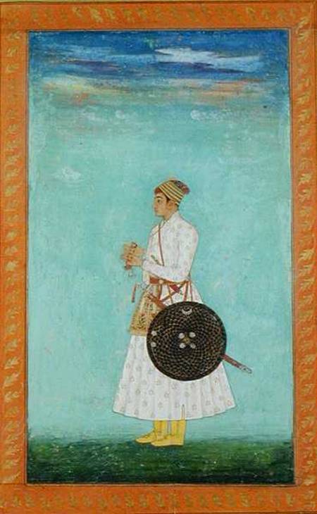 A young nobleman of the Mughal court holding a sealed brocade envelope,  from the Large Clive Album od Mughal School