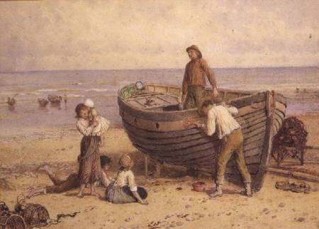 Boat, figures and sea od Myles Birket Foster