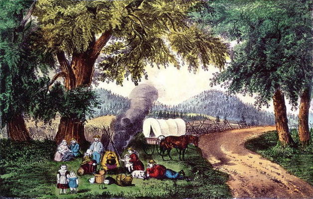 A Halt by the Wayside (print) 9:picnic; cauldron; sisters; pipe; covered wagon; settlers; American; od N. Currier