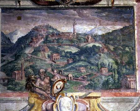 Bedroom, detail of frieze depicting towns under Medici rule, Fiesole od Nanni  di B. Bigio  & Bartolomeo Ammannati