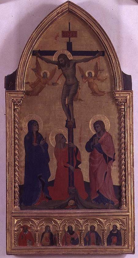 The Crucifixion with mourners and St. Mary Magdalene, the predella panel depicting SS. Jerome, Paul, od Nardo di Cione Orcagna