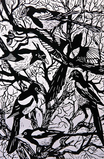 Magpies, 1997 (woodcut)  od Nat  Morley